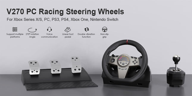 V270 Multi-Platform Racing Steering Wheel with Hall Sensor Pedals & 6+1 Speed Shifter