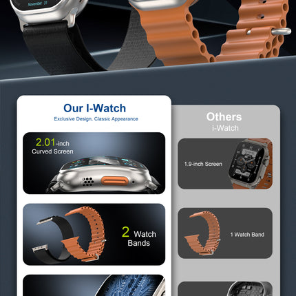 Ultra Smart Watch 2.01" curved HD Display | Bluetooth Calling | Fitness & Health Tracker