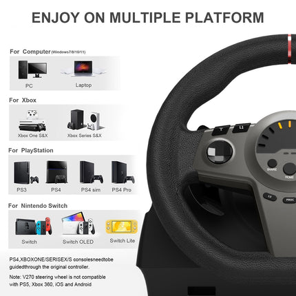 V270 Multi-Platform Racing Steering Wheel with Hall Sensor Pedals & 6+1 Speed Shifter