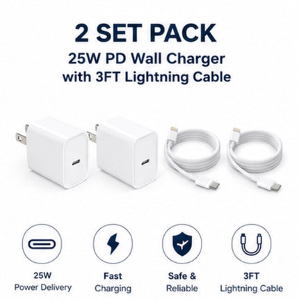 4-Item Fast Charging Bundle – 2× 25W USB-C PD Wall Chargers + 2× 3FT Lightning Cables (White)