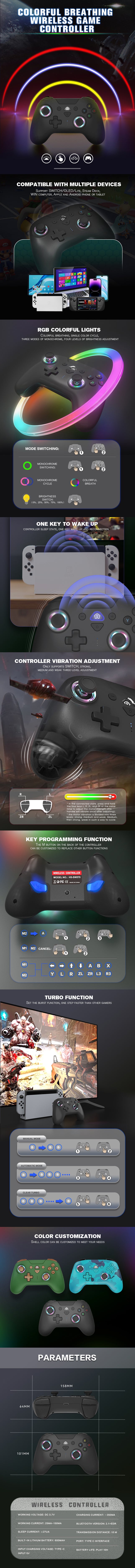 Wireless RGB Bluetooth Game Controller for PS4,Nintendo Switch, OLED, Lite, Steam Deck, PC, Android & iOS