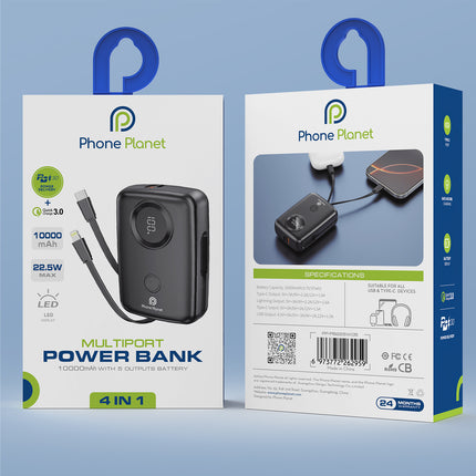 Phone Planet 10000mAh Power Bank with Built-In Cables & LED Display
