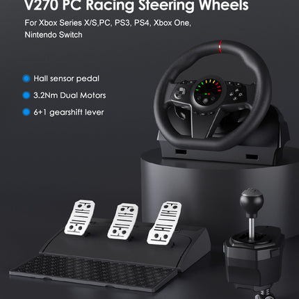 V270 Multi-Platform Racing Steering Wheel with Hall Sensor Pedals & 6+1 Speed Shifter