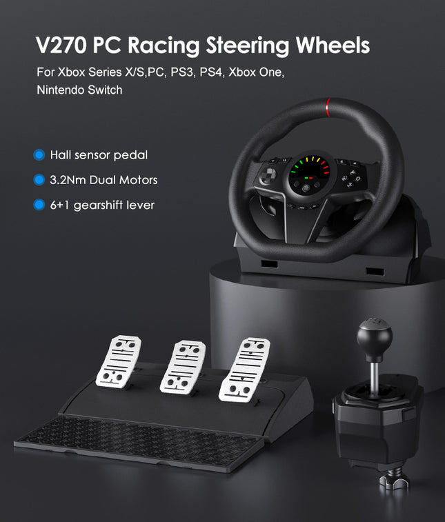 V270 Multi-Platform Racing Steering Wheel with Hall Sensor Pedals & 6+1 Speed Shifter