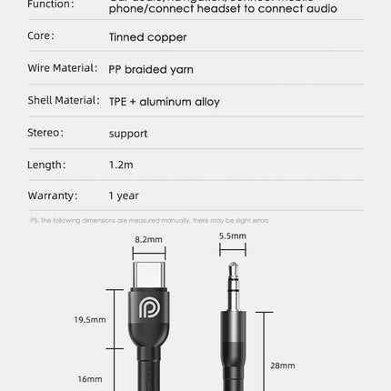 Phone Planet USB-C to 3.5mm AUX Braided Audio Cable 1.2M
