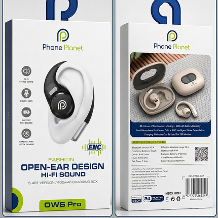 Two packaging boxes for Phone Planet OWS Pro headphones, one black and one cream, on a gray background.