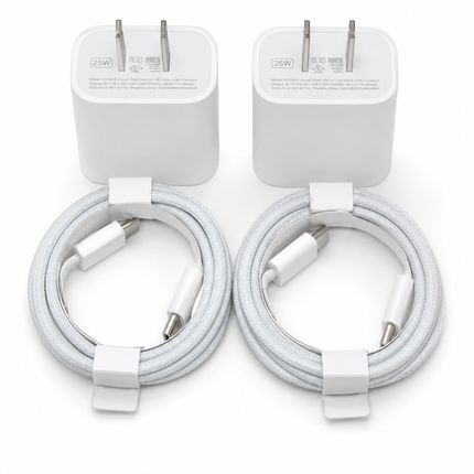 4-Item Fast Charging Bundle – 2× 25W USB-C PD Wall Chargers + 2× 3FT USB-C to USB-C Cables (White)