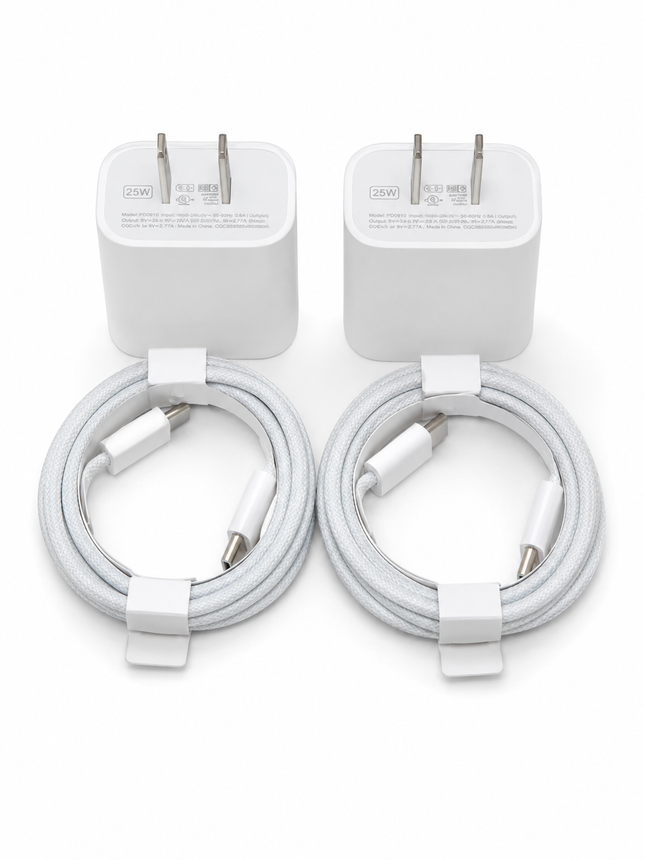 4-Item Fast Charging Bundle – 2× 25W USB-C PD Wall Chargers + 2× 3FT USB-C to USB-C Cables (White)