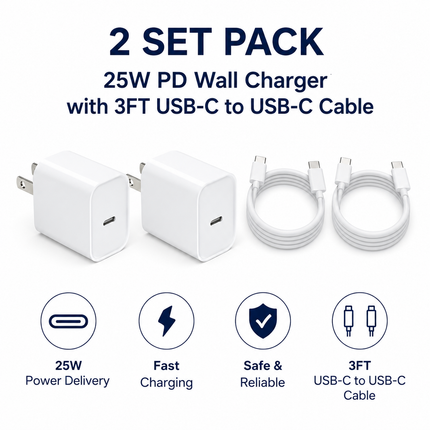 4-Item Fast Charging Bundle – 2× 25W USB-C PD Wall Chargers + 2× 3FT USB-C to USB-C Cables (White)