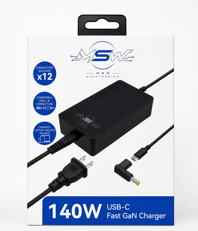 140W GaN Universal Laptop Charger with USB-C Connector & 12 Adapter Tips – MacBook Compatible