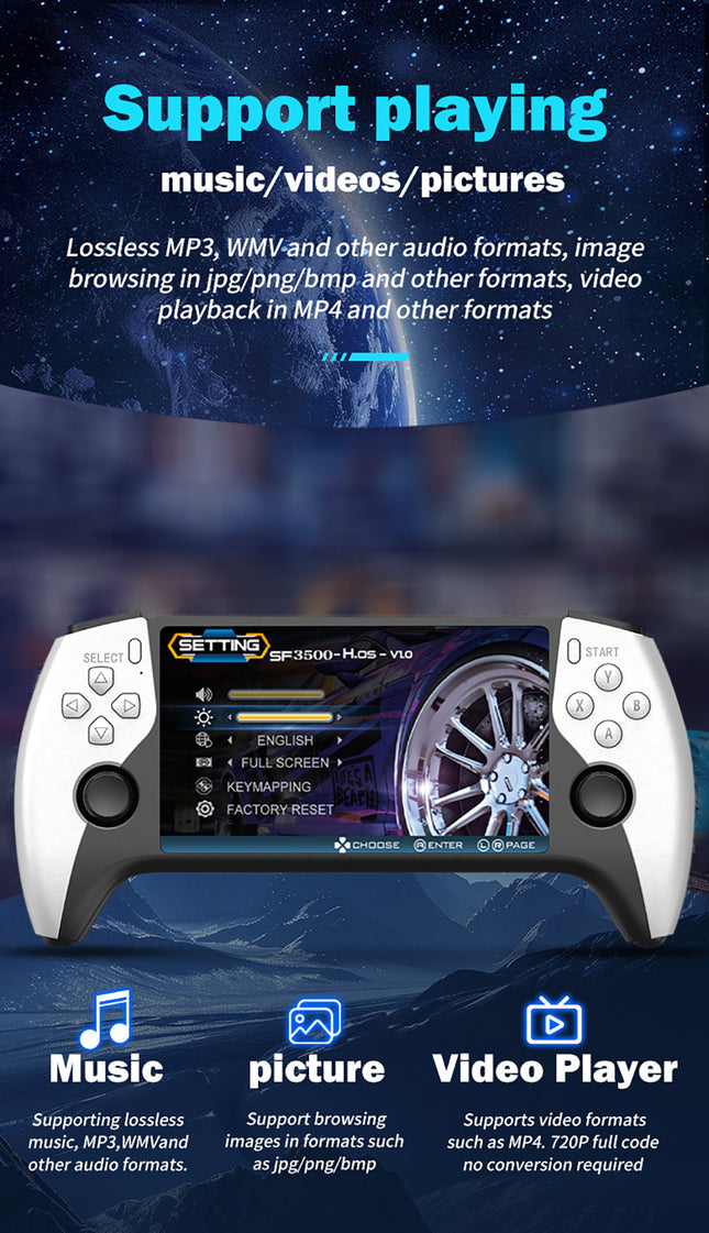 SF3500 5-Inch IPS Handheld Retro Gaming Console – 3000mAh Battery, HDMI Output, Dual Joystick.64gb