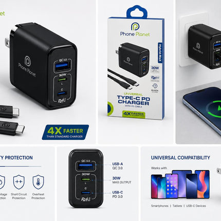 Phone Planet 30W PD Fast Charger with Type-C Cable