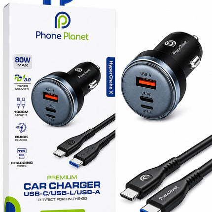 Phone Planet 80W Fast Car Charger with USB-C, USB-A & Lightning Cable
