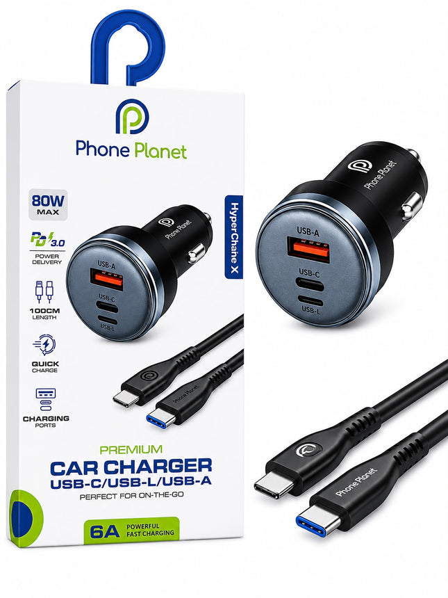 Phone Planet 80W Fast Car Charger with USB-C, USB-A & Lightning Cable