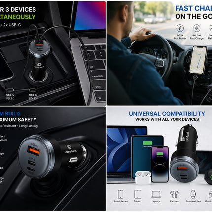 Phone Planet 80W Fast Car Charger with USB-C, USB-A & Lightning Cable