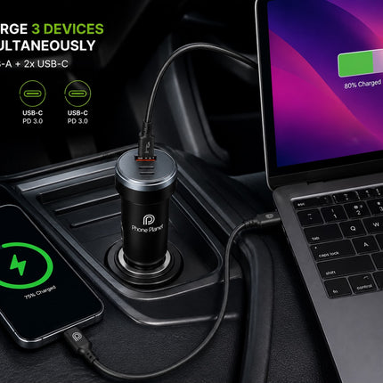 Phone Planet 80W Fast Car Charger with USB-C, USB-A & Lightning Cable