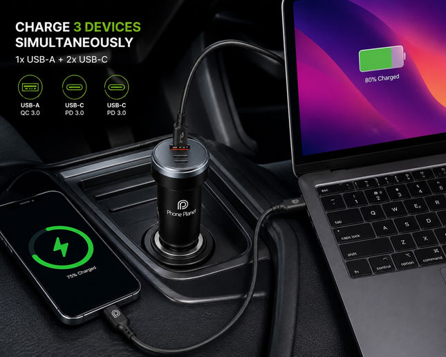 Phone Planet 80W Fast Car Charger with USB-C, USB-A & Lightning Cable