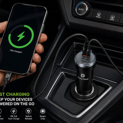 Phone Planet 80W Fast Car Charger with USB-C, USB-A & Lightning Cable