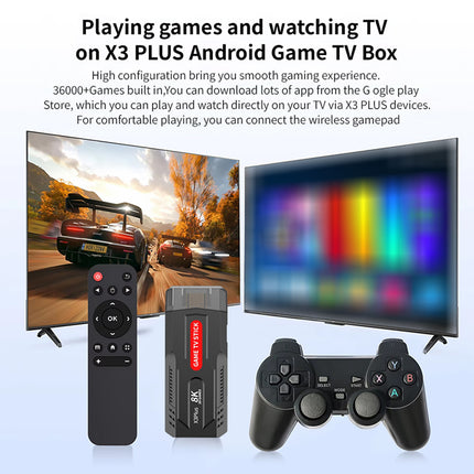 X3 Plus 8K Retro Game TV Stick with 2 Wireless Controllers – 36,000+ Games