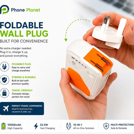 Phone Planet 10000mAh AC Plug Magnetic Wireless Power Bank – Built-In Charger