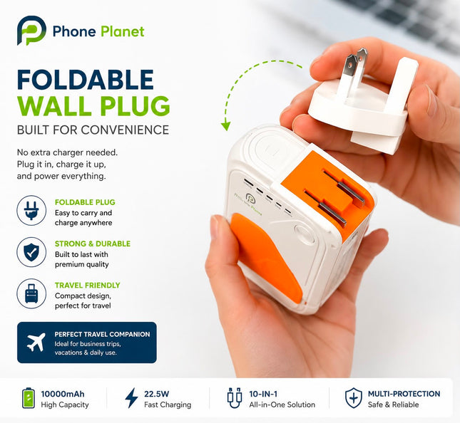 Phone Planet 10000mAh AC Plug Magnetic Wireless Power Bank – Built-In Charger